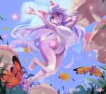 2024 5_fingers absurd_res ambiguous_gender antennae_(anatomy) anthro arthropod braided_hair breasts butterfly cloud day digital_media_(artwork) featureless_breasts featureless_crotch female fingers fur grass group hair hi_res insect insect_wings lagomorph lepidopteran leporid looking_at_viewer low-angle_view mammal mousedoll navel outside pink_body pink_fur plant rabbit smile wings worm&#039;s-eye_view