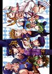  6+boys bad_id bad_pixiv_id blonde_hair blue_hair brown_hair dixie_cup_hat family giorno_giovanna green_hair hat higashikata_jousuke higashikata_jousuke_(jojolion) johnny_joestar jojo_no_kimyou_na_bouken jojolion jonathan_joestar joseph_joestar_(young) kuujou_jolyne kuujou_joutarou matcha_cream_v military_hat multiple_boys pompadour scarf steel_ball_run 