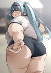  1girl absurdres alternate_body_size aqua_eyes aqua_hair black_buruma blurry blurry_background blush buruma commentary_request dot_nose fat feet_out_of_frame from_behind hair_between_eyes hatsune_miku highres long_hair looking_at_viewer looking_back mole mole_on_ass open_hand open_mouth outstretched_arm rin_noheki shirt short_sleeves solo sweatdrop thick_arms thick_thighs thighs twintails vocaloid white_shirt 