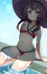  1girl bandaged_leg bandages bare_arms bare_shoulders bikini black_hat blush_stickers breasts brown_hair collarbone commentary groin hat highres kono_subarashii_sekai_ni_shukufuku_wo! lens_flare looking_at_viewer megumin navel noyama_takenoko o-ring o-ring_bikini red_bikini red_eyes sitting small_breasts smile solo stomach swimsuit water witch_hat 