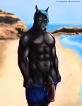 abs animal_genitalia animal_penis anthro balls black_balls black_body black_penis blue_hair bottomwear bottomwear_down brown_eyes clothed clothing equid equine equine_genitalia equine_penis front_view genitals glistening glistening_eyes hair half-erect hi_res horse looking_at_viewer male mammal mouth_closed multicolored_penis muscular muscular_anthro muscular_male navel outside pants pants_down partially_clothed pecs penis portrait red_penis satanic_monkey solo standing three-quarter_portrait topless two_tone_penis