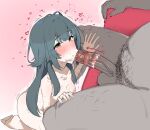  1boy 1girl :&gt;= arrow_(symbol) blue_hair blush breasts completely_nude dark-skinned_male dark_skin erection fellatio fried_bocky gakuen_idolmaster green_eyes heart hetero highres idolmaster long_hair nipples nude oral penis sitting small_breasts solo_focus testicles tsukimura_temari uncensored veins veiny_penis 