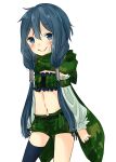 1girl belt black_belt black_thighhighs blue_eyes blue_hair blush braid camouflage camouflage_scarf camouflage_shorts closed_mouth commentary_request cowboy_shot detached_sleeves flat_chest green_scarf green_shorts green_tube_top grey_sleeves hair_tubes long_hair looking_at_viewer meiko_(nattu303) midriff navel ragnarok_online ranger_(ragnarok_online) scarf shorts simple_background single_thighhigh smile solo strapless thighhighs tube_top twin_braids white_background 