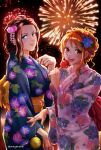  2girls black_hair blue_eyes commentary cowboy_shot eating english_commentary eyelashes fireworks flower hair_bun hair_flower hair_ornament highres holding holding_candy_apple japanese_clothes kimono multiple_girls nami_(one_piece) nico_robin one_piece orange_eyes orange_hair oregano551 sash sidelocks smile twitter_username wide_sleeves 