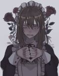  1girl akai_ringo_(eveyuno) brown_hair dress flustered highres long_hair long_sleeves looking_at_viewer maid maid_headdress original white_background 