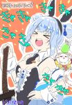  &gt;_&lt; 1girl :d black_leotard black_necktie blue_hair breasts center_frills cleavage closed_eyes commentary_request detached_sleeves double_bun facing_viewer frills hair_bun hand_on_hilt hand_on_own_hip hand_up highres hololive kiritoma leotard medium_breasts necktie orange_background outline puffy_short_sleeves puffy_sleeves short_eyebrows short_necktie short_sleeves signature smile sword thick_eyebrows translation_request usada_pekora usada_pekora_(furi_furi_bunny_dress) virtual_youtuber weapon white_outline white_sleeves wrist_cuffs xd 