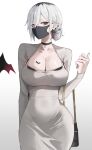  1girl absurdres arm_behind_back bag bat_tattoo black_bra black_choker black_hair black_mask bra bra_peek breast_tattoo breasts channyy19 choker cleavage commentary covered_mouth cowboy_shot cross cross_earrings demon_wings detached_wings dongtan_dress double-parted_bangs dress ear_chain ear_piercing earrings grey_dress grey_hair hair_between_eyes hair_bun hands_up highres jewelry large_breasts linked_piercing long_sleeves looking_at_viewer mask mole mole_on_breast mole_under_eye mouth_mask multicolored_hair original piercing pointy_ears red_eyes riko_(channyy19) roots_(hair) shoulder_bag shrug_(clothing) simple_background single_hair_bun single_wing solo standing tattoo taut_clothes taut_dress tight_clothes tight_dress underwear white_background wings 