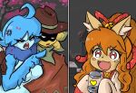 absurd_res accessory angry anthro artist_name asian_clothing avian beak bell bell_accessory bell_collar blue_body blue_eyes blue_feathers blue_fur blue_hair blush blush_stickers bow_ribbon breasts canid canine castle ceroba_ketsukane cherry_blossom cherry_blossom_tree cherry_tree chibi clothed clothing collar container cowboy cowboy_hat cross-popping_vein digital_drawing_(artwork) digital_media_(artwork) ear_tuft east_asian_clothing excited fangs feathers female flower fox fruit_tree fur gesture gloves green_body group gyate_gyate hair hair_accessory hair_bow hair_ribbon hand_gesture handwear hat headgear headwear heart_symbol hi_res holding_container holding_object japanese_clothing jar kerchief kimono long_hair male mammal martlet_(undertale_yellow) meme monster multicolored_body multicolored_fur neck_tuft neckerchief neckwear open_mouth open_smile orange_body orange_fur orange_hair oversized_sleeves petals plant pointing poncho ponytail prunus_(flower) red_eyes ribbons shadowed_eyes short_hair smile snoutless soul starlo_(undertale_yellow) teeth text tongue topwear tree tuft two_tone_body two_tone_fur undertale undertale_(series) undertale_yellow winged_arms wings woman_yelling_at_a_cat yellow_body yellow_heart