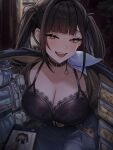  1girl belt black_bra black_choker black_hair blue_skirt blush bra breasts cellphone choker coin collarbone cowboy_shot fangs goddess_of_victory:_nikke gold_coin half-closed_eyes highres huazhimaru0 jacket lace-trimmed_bra lace_trim large_breasts long_hair looking_at_viewer medicine_bottle mole mole_under_eye open_clothes open_jacket open_mouth outdoors phone red_eyes skirt smartphone sora_(nikke) twintails underwear wireless_earphones 