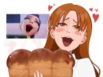  1girl bleach blush_stickers bread brown_eyes commentary food heart highres holding holding_food inoue_orihime kpop_demon_hunters loaf_of_bread long_hair luvlyroseve open_mouth orange_hair reference_inset scene_reference solo steam symbol-only_commentary 