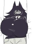 animal_humanoid big_teeth biped black_hair bottomwear breast_focus breasts cat_humanoid clothed clothing collared_shirt cracks creepy creepy_smile denim denim_bottomwear denim_clothing digital_drawing_(artwork) digital_media_(artwork) doorway ear_piercing felid felid_humanoid feline feline_humanoid female fundamental_paper_education furniture_damage grey_body grin hair hair_over_eye hi_res humanoid jeans long_hair looking_at_viewer mammal mammal_humanoid miss_circle momijizx narrowed_eyes pants piercing portrait sharp_teeth shirt simple_background smile solo spiky_hair standing teeth three-quarter_portrait topwear white_background white_bottomwear white_clothing white_jeans white_pants wide_hips