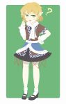  1girl ? absurdres arm_warmers black_shoes black_skirt blonde_hair blush bright_pupils brown_shirt chibeany commentary_request full_body green_eyes hand_on_own_hip highres looking_at_viewer mary_janes mizuhashi_parsee no_lineart open_mouth pointing pointing_at_self pointy_ears sash scarf shirt shoes short_hair short_sleeves skirt socks solo standing touhou two-tone_background white_background white_pupils white_sash white_scarf white_socks 