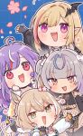  4girls ahoge animal_ears bandaid bandaid_on_cheek bandaid_on_face bat_hair_ornament biscotti_(vtuber) blonde_hair blue_eyes bodystocking breasts brown_eyes brown_hair cherry_blossoms chibi chibi_only cropped_hoodie fang fingerless_gloves fishnet_bodystocking fishnets flower fox_hair_ornament gloves grey_hair hair_flower hair_ornament hakamii highres hood hoodie horse_girl kou_mariya large_breasts long_hair looking_at_viewer mole mole_under_eye mono_monet multicolored_eyes multicolored_hair multiple_girls open_mouth orange_gloves pink_hair pink_streaks pointy_ears purple_eyes purple_hair red_eyes red_hair scrunchie second-party_source skin_fang smile streaked_hair twintails two-tone_gloves v4mirai virtual_youtuber white_hair white_hoodie white_scrunchie yae_yugiri yellow_eyes 