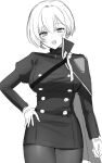  1girl :d absurdres breasts commentary_request cowboy_shot hair_between_eyes hand_on_own_hip hand_up highres kumo_tabetai large_breasts light_blush liliweiss_(nikke) looking_at_viewer medium_hair military_uniform monochrome nikke pantyhose side_cape simple_background smile solo standing star-shaped_pupils star_(symbol) symbol-shaped_pupils white_background 
