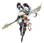  1girl absurdres armor armored_boots bare_shoulders black_hair black_thighhighs blue_eyes blue_hair blunt_bangs boots breasts cleavage english_commentary full_body gauntlets groin hair_ribbon highres holding holding_scroll holding_weapon horns jjooxi large_breasts long_hair mask mask_on_head multicolored_hair original pelvic_curtain pinky_out red_ribbon ribbon scroll simple_background standing thighhighs twintails two-tone_hair weapon white_background 