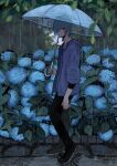  1boy 2n5 :| androgynous aqua_hair black_pants blue_flower borrowed_character brown_eyes closed_mouth cross cross_earrings earrings flower full_body highres holding holding_umbrella hydrangea jewelry leaf male_focus original pants rain solo transparent transparent_umbrella umbrella walking 