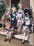  absurdres ahoge akane_(blue_archive) asuna_(blue_archive) barefoot black_hair blonde_hair blue_archive blue_ribbon breasts cleaning_&amp;_clearing_(blue_archive) dark_skin glasses halo highres karin_(blue_archive) large_breasts maid maid_headdress neru_(blue_archive) owl_pencil red_hair ribbon toki_(blue_archive) v 