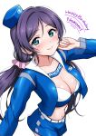  1girl 2025 aqua_eyes belly blue_bra blue_jacket blue_skirt blush bra breasts ckst cleavage happy_birthday highres jacket large_breasts long_hair long_sleeves looking_at_viewer love_live! love_live!_school_idol_project miniskirt navel neck purple_hair sidelocks skirt smile solo tojo_nozomi underwear white_background 