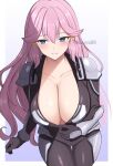  1girl black_bodysuit blue_eyes blush bodysuit breasts cleavage closed_mouth collarbone hair_between_eyes highres huge_breasts kakumeiki_valvrave long_hair looking_to_the_side outa_nao pink_hair solo steaming_body surippa1010 sweat thighs twitter_username two-tone_background white_background 