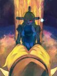  1boy 1girl absurdres arms_behind_back belt blonde_hair closed_mouth commentary_request fado_(ocarina_of_time) fairy green_skirt highres kokiri link nasagina navi on_grass pointy_ears red_eyes red_lips skirt smile standing the_legend_of_zelda the_legend_of_zelda:_ocarina_of_time tree young_link 