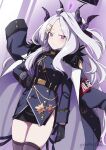  ahoge black_coat black_gloves black_halo black_skirt black_thighhighs blue_archive breasts coat coat_on_shoulders demon_girl demon_horns demon_wings gabuillust gloves halo highres hina_(blue_archive) horns long_hair looking_at_viewer purple_eyes skirt small_breasts standing thighhighs white_hair wings 