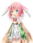  1girl alchemist_(ragnarok_online) animal_ears blue_eyes blush brown_cape cape commentary_request cowboy_shot detached_sleeves dress flat_chest floppy_ears fur_collar green_sleeves looking_at_viewer meiko_(nattu303) open_mouth pink_hair rabbit_ears rabbit_girl ragnarok_online simple_background solo teeth upper_teeth_only white_background white_dress 