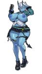  1girl absurdres aged_up alternate_breast_size between_breasts black_necktie black_shoes black_skirt black_tail blue_jacket blue_nipples blue_oni blue_skin breasts breasts_out collared_shirt colored_nipples colored_skin curvy demon_girl demon_horns demon_tail drink full_body hair_between_eyes highres holding holding_drink horns huge_breasts jacket long_sleeves miniskirt mold_(pixiv6616319) mole mole_on_breast navel necktie necktie_between_breasts nipples one_eye_closed oni open_clothes open_jacket open_mouth open_shirt orange_eyes pleated_skirt salute shirt shoes short_hair sidelocks simple_background skin-covered_horns skirt smile solo soukaku_(zenless_zone_zero) sticker_on_leg tail thick_thighs thigh_strap thighs white_background white_hair white_shirt zenless_zone_zero 