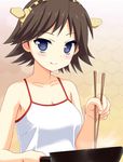  :q blue_hair brown_hair chopsticks cooking frying_pan hairband hiei_(kantai_collection) icetiina kantai_collection looking_at_viewer short_hair solo tongue tongue_out 