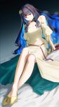  1girl bare_shoulders black_hair blue_hair breasts colored_inner_hair crossed_ankles dantonphanton dress eyeliner fate/grand_order fate_(series) gloves grey_eyes high_heels highres legs long_hair long_sleeves looking_at_viewer makeup multicolored_hair off_shoulder sitting small_breasts smile solo tenochtitlan_(fate) tenochtitlan_(fgo_fes._2025)_(fate) white_dress 