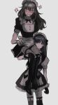  2girls akai_ringo_(eveyuno) dress fishnets flustered highres long_hair looking_at_viewer maid maid_headdress multiple_girls original ribbon standing white_background 