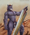 abs animal_genitalia anthro balls blue_eyes brown_hair canid canine cheek_tuft facial_tuft fangs front_view fully_sheathed genitals glistening glistening_eyes grey_body grin hair hi_res holding_melee_weapon holding_object holding_sword holding_weapon looking_at_viewer male male_anthro mammal melee_weapon muscular muscular_anthro muscular_male narrowed_eyes navel pecs pubes satanic_monkey sheath short_hair smile solo standing sword teeth tuft vein veiny_muscles weapon white_balls white_sheath