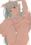  1girl absurdres arm_behind_head blunt_bangs bottomless breasts closed_mouth clothes_lift gradient_horns gravity-q green_eyes green_hair highres holding_own_leg horns leg_up long_hair looking_at_viewer medium_breasts multicolored_horns navel nipples no_bra original out-of-frame_censoring pointy_ears short_sleeves simple_background skin-covered_horns solo thighs white_background 