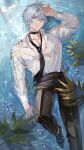  1boy absurdres afloat antenna_hair black_necktie black_pants black_shoes blue_eyes collared_shirt commentary_request highres honkai:_star_rail honkai_(series) long_sleeves male_focus maria_(maria_rose) necktie pants parted_bangs partially_submerged partially_unbuttoned pectoral_cleavage pectorals phainon_(anan)_(honkai:_star_rail) phainon_(honkai:_star_rail) see-through_clothes see-through_shirt shirt shoes short_hair solo wet wet_clothes wet_hair wet_shirt white_hair white_shirt 