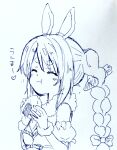  1girl :t animal_ear_fluff animal_ears bare_shoulders blush bow braid carrot_hair_ornament closed_eyes closed_mouth commentary_request detached_sleeves don-chan_(usada_pekora) dress facing_viewer food food-themed_hair_ornament fur-trimmed_gloves fur_trim gloves hair_bow hair_ornament hands_up highres holding holding_food hololive kiritoma long_hair onigiri photo_(medium) puffy_short_sleeves puffy_sleeves rabbit_ears short_sleeves solo strapless strapless_dress traditional_media translation_request twin_braids twintails upper_body usada_pekora usada_pekora_(1st_costume) very_long_hair virtual_youtuber 