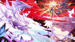  1boy 1girl bare_shoulders black_choker black_tiara blue_butterfly blue_eyes bug butterfly castorice_(honkai:_star_rail) choker dragon dress elbow_gloves gloves hair_between_eyes hair_ornament halo high_heels highres honkai:_star_rail honkai_(series) kangetsu_(fhalei) long_hair looking_at_viewer phainon_(honkai:_star_rail) pollux_(honkai:_star_rail) purple_butterfly purple_gloves purple_hair short_hair split_theme tattoo thighhighs tiara white_hair white_thighhighs wings 