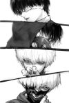 1boy black_hair black_hood black_nails eyepatch hand_up highres hood hoodie kaneki_ken lips mask medical_eyepatch monochrome original progression shaded_face short_hair sketch solo stfr_(stfr_kaz) tokyo_ghoul white_background white_hair zipper zipper_pull_tab 