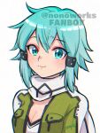  1girl aqua_eyes aqua_hair closed_mouth english_commentary green_jacket hair_between_eyes hair_ornament hairclip highres jacket looking_at_viewer nonoworks open_clothes open_jacket scarf short_hair sinon smile solo sword_art_online upper_body white_background white_scarf 