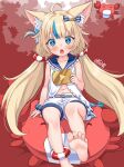  1girl absurdres animal_ear_fluff animal_ears barefoot blonde_hair blue_eyes blue_nails blue_streaks cat_ears crab feet fins fish_tail foot_out_of_frame highres holding indie_virtual_youtuber lifebuoy_ornament long_hair looking_at_viewer low_twintails navel one_side_up open_mouth sailor_collar sameko_saba scrunchie shorts soles solo tail toes twintails varliet virtual_youtuber white_sailor_collar white_shorts wrist_scrunchie youtube_creator_award 