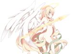  1girl angel angel_wings ass blonde_hair blue_eyes breasts closed_mouth feathered_wings frfr game_cg green_ribbon hair_between_eyes halo holding holding_weapon large_breasts light_smile long_hair micaela_(mon-musu_quest!) mon-musu_quest! mon-musu_quest:_paradox naked_ribbon navel nude pointy_ears ribbon variant_set very_long_hair weapon white_wings wings yellow_halo 