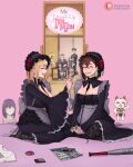  2boys 2girls absurdres applying_another&#039;s_makeup applying_makeup ayase_momo black_bonnet black_dress black_hair black_jacket blonde_hair bonnet breasts brown_hair closed_eyes cosplay crossed_legs dandadan dismaiden dress earrings english_commentary floral_print_thighhighs flower gakuran gothic_lolita highres jacket jewelry kitagawa_marin kuroe_shizuku kuroe_shizuku_(cosplay) large_breasts lolita_fashion multiple_boys multiple_girls patreon_logo patreon_username purple_nails red_flower red_rose rose school_uniform seiza sitting sono_bisque_doll_wa_koi_wo_suru takakura_ken_(dandadan) turbo_granny_(dandadan) wig 