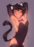 2025 absurd_res animal_humanoid arms_above_head armwear black_armwear black_body black_clothing black_fur black_legwear black_leotard black_stockings blush bulge cat_humanoid clothing elbow_gloves felid felid_humanoid feline feline_humanoid femboy fur gloves grey_background hands_behind_head handwear heart_symbol hi_res humanoid hundred_gar legwear leotard looking_away male mammal mammal_humanoid pupils shirt_collar simple_background solo stockings tan_body tan_skin timothy_timepiece white_inner_ear yellow_eyes