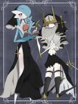  alternate_color black_skirt black_thighhighs black_veil blue_hair blue_skin bob_cut colored_skin gardevoir hair_over_one_eye heart highres inb795 kneeling looking_at_viewer multicolored_skin pheromosa pokemon pokemon_(creature) shiny_pokemon side_slit skirt thighhighs two-tone_skin veil white_skin 