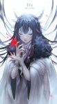 1girl black_hair blunt_bangs blunt_tresses bow bowtie bug butterfly character_name closed_eyes coat columbina_(genshin_impact) cowlick curled_fingers double-parted_bangs ex1l1um eye_mask eyelashes eyeliner eyeshadow facing_down fatui_coat feathered_wings fur_collar genshin_impact hair_ribbon hair_tubes head_wings highres large_bow long_hair makeup multicolored_hair multiple_wings numbered open_hand parted_lips pink_hair red_butterfly red_lips ribbon roman_numeral solo streaked_hair three-quarter_sleeves tress_ribbon very_long_hair white_background white_bow white_bowtie white_coat white_mask white_mouth white_sleeves white_wings wide_sleeves wings wrist_bow 