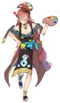  1girl bare_shoulders blue_eyes braid breasts brown_dress brown_hat cleavage commentary_request dress fantasy_life fantasy_life_i:_the_girl_who_steals_time full_body glasses half-closed_eye hand_on_own_hip hand_up hat highres holding holding_paint_palette jewelry long_hair looking_at_viewer necklace paint_palette paint_splatter paint_splatter_on_face paintbrush paulette_(fantasy_life) red_hair sandals simple_background smile solo standing uneven_eyes very_long_hair white_background yachimata_1205 