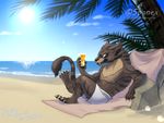  alcohol anthro beach beach_towel beverage bright charr chest_tuft chilling claws clothing cloud eyewear fangs feline foam fur glare glass grin guild_wars horn male mammal muscles paws plants relaxing rocks sand sea sea_foam seaside shadow shore_line shorts sky spanex stripes strips sun sunglasses teeth text topless tuft video_games water 
