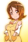  bow breasts brown_eyes brown_hair detached_sleeves hands_in_pockets happinesscharge_precure! large_breasts naked_overalls oomori_yuuko overalls precure ryuuta_(cure_ryuuta) short_hair sideboob smile solo 