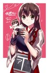  akagi_(kantai_collection) bad_id bad_pixiv_id blush brown_eyes brown_hair eating food gloves hakama_skirt haruno_(kanimeshi) japanese_clothes kaga_(kantai_collection) kantai_collection long_hair minigirl multiple_girls muneate onigiri partly_fingerless_gloves rice_spoon short_hair side_ponytail skirt yugake 