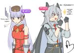  .osari 2girls animal_ears arm_pouch armband bags_under_eyes black_gloves black_horns black_jacket black_pants black_pouch black_tail breasts buttons clenched_hands collared_shirt commentary crossover curled_horns demon_tail double-breasted dress english_text gloves gold_ship_(umamusume) grey_hair grey_shirt hands_up headphones highres horns horse_ears horse_girl jacket jacket_on_shoulders long_hair medium_breasts multiple_girls necktie open_mouth out_of_character pants personality_switch pink_eyes red_dress red_eyes red_necktie shirt shirt_tucked_in sigh smile status_effect symbol-only_commentary tail ueda_hitomi umamusume voice_actor_connection white_gloves wuthering_waves zani_(wuthering_waves) 