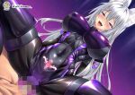  1boy 1girl akane_(satou_terumasa) animal_ear_fluff animal_ears artist_name black_bodysuit blush bodysuit breasts censored clothed_female_nude_male corruption covered_navel covered_nipples cowgirl_position dark_persona dutch_angle fang fox_ears fox_girl girl_on_top glowing_tattoo half-closed_eyes hetero impossible_bodysuit impossible_clothes large_breasts latex latex_bodysuit long_hair looking_at_viewer mosaic_censoring nude open_mouth original penis pubic_tattoo pubic_tattoo_through_clothing purple_eyes satou_terumasa sex shiny_clothes signature skin_tight smile solo_focus spread_legs squatting_cowgirl_position straddling tattoo thighhighs white_hair 