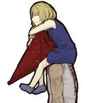  1girl blonde_hair carrying closed_eyes coffinkun crossover dress pyramid_head short_hair shoulder_carry silent_hill simple_background sitting smile sweatdrop usotsuki yume_nisshi 